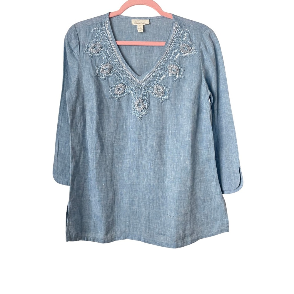 Charter Club Top Womens Small Petite Blue Linen Beaded Sequin Beach Coastal
